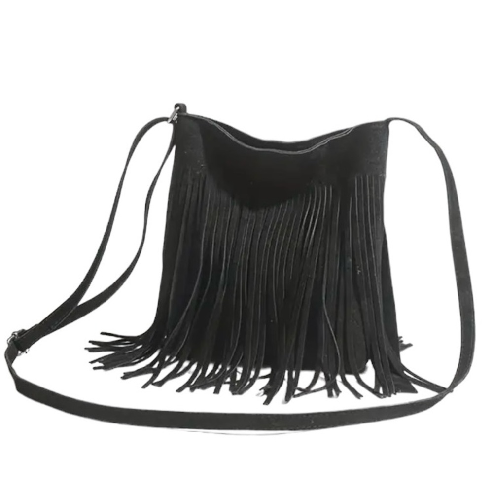 Bohemian Faux Leather Black Fringe Crossbody Bag
